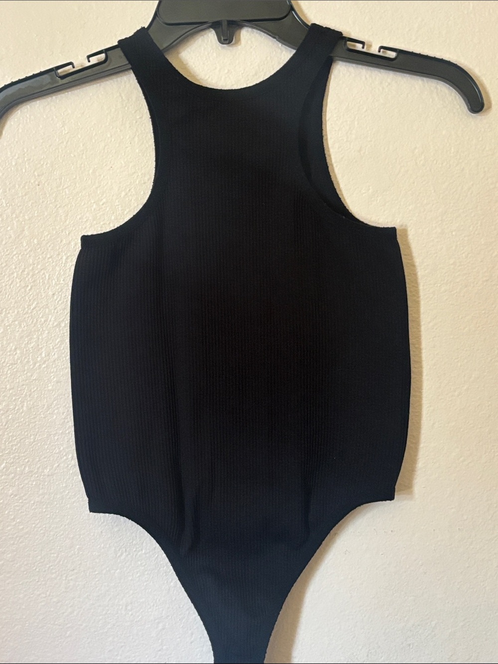 Black Spandex Ribbed High Waist Thong Bodysuit Tank Top, Size S/M